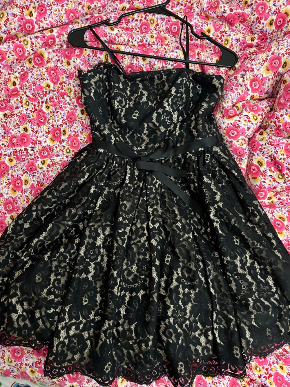 Robert Rodriguez Black Lace Party Strapless Dress with Nude Beige Floral Lining